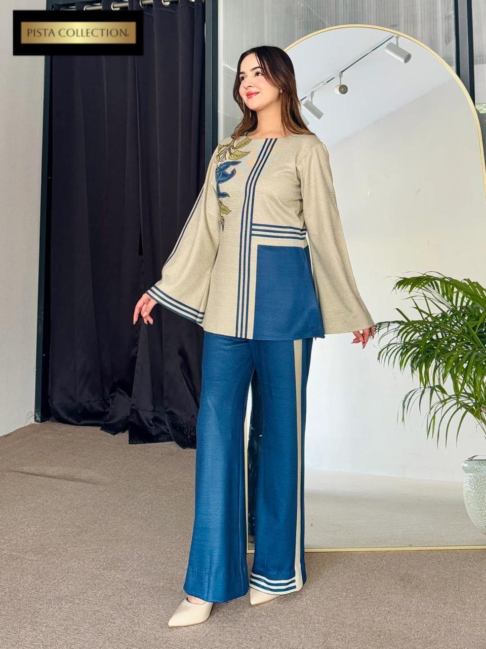 Stylish Blue Printed Women's Stitched Shirt and Trouser Set - 2 Pcs