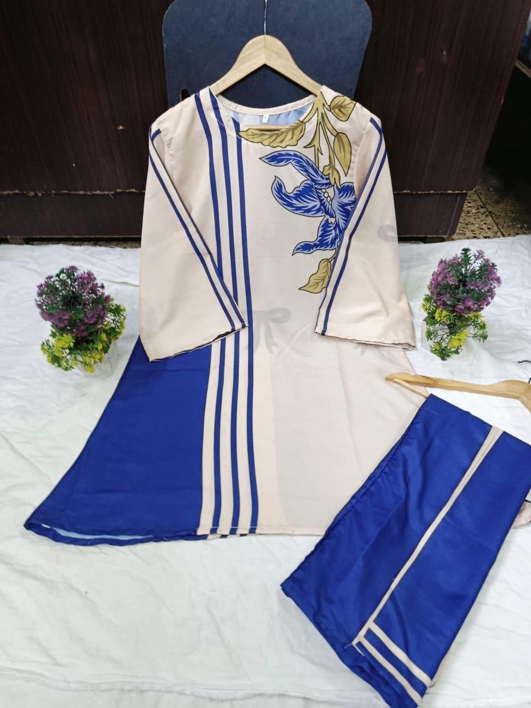 Stylish Blue Printed Women's Stitched Shirt and Trouser Set - 2 Pcs
