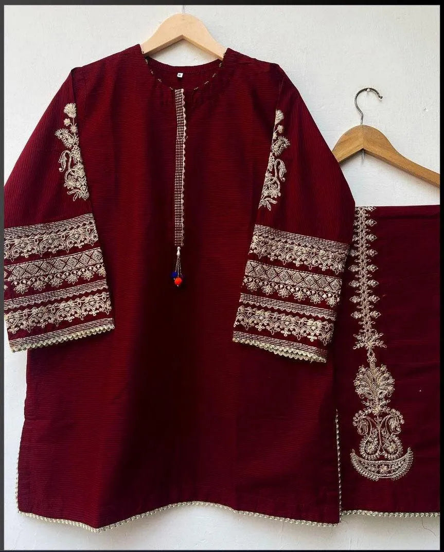 2 Pcs Women's Stitched Silk Embroidered Shirt and Trouser