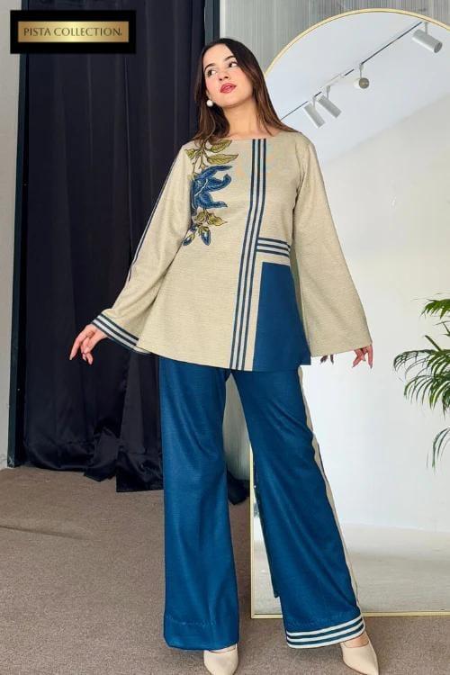 Stylish Blue Printed Women's Stitched Shirt and Trouser Set - 2 Pcs