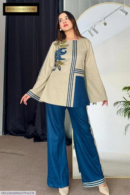 Stylish Blue Printed Women's Stitched Shirt and Trouser Set - 2 Pcs