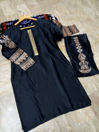 2 Pcs Women's Stitched Silk Embroidered Shirt and Trouser