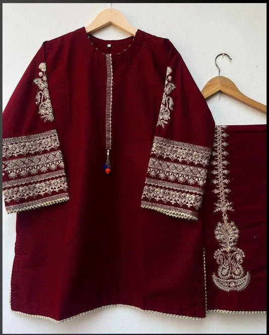 2 Pcs Women's Stitched Silk Embroidered Shirt and Trouser