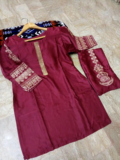 2 Pcs Women's Stitched Silk Embroidered Shirt and Trouser