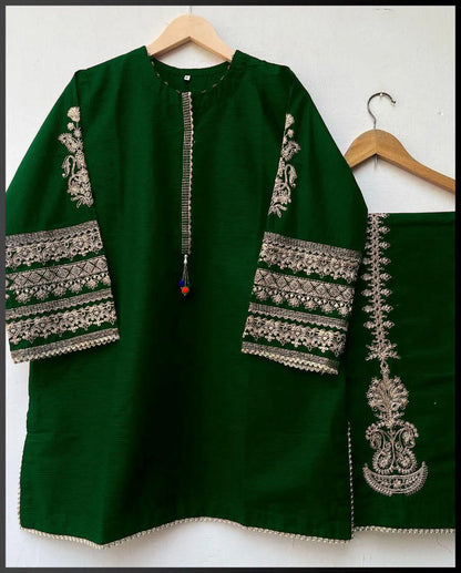 2 Pcs Women's Stitched Silk Embroidered Shirt and Trouser
