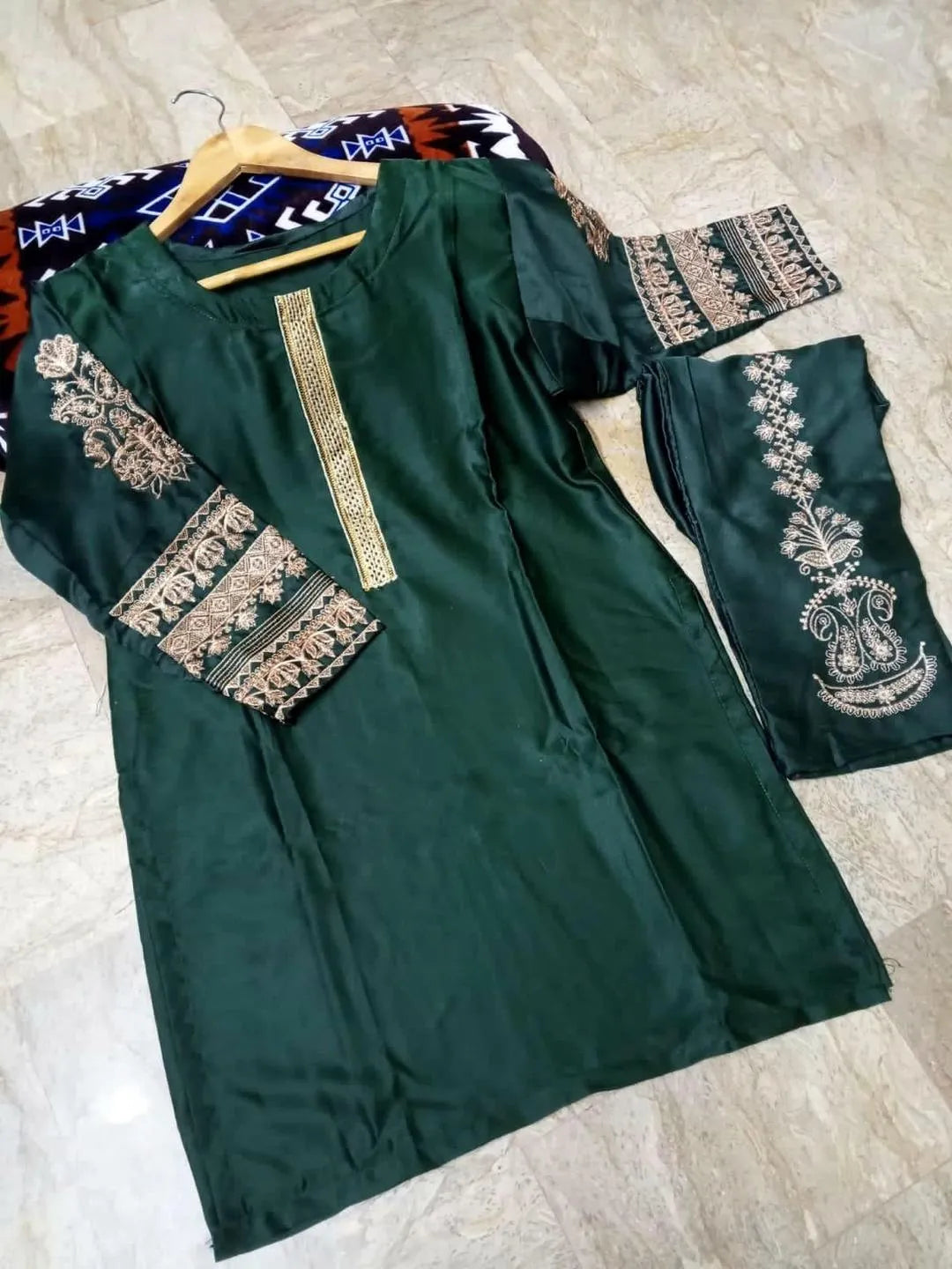 2 Pcs Women's Stitched Silk Embroidered Shirt and Trouser