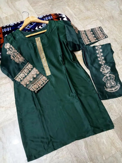 2 Pcs Women's Stitched Silk Embroidered Shirt and Trouser
