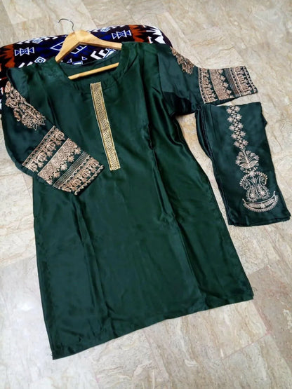 2 Pcs Women's Stitched Silk Embroidered Shirt and Trouser