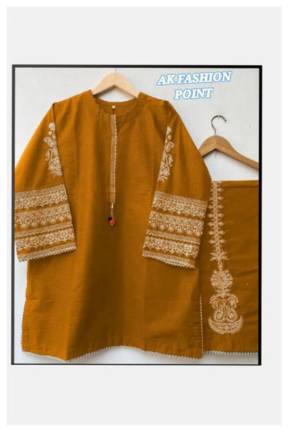 2 Pcs Women's Stitched Silk Embroidered Shirt and Trouser