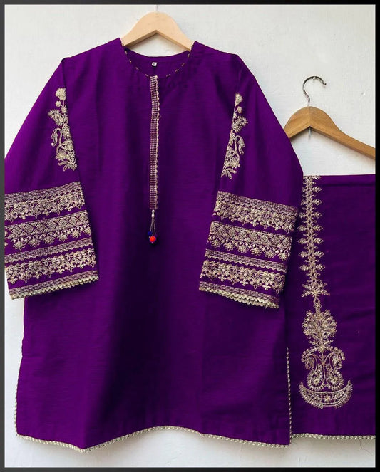 2 Pcs Women's Stitched Silk Embroidered Shirt and Trouser