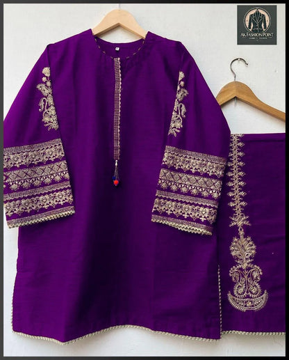 2 Pcs Women's Stitched Silk Embroidered Shirt and Trouser