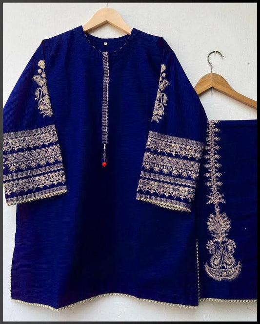 2 Pcs Women's Stitched Silk Embroidered Shirt and Trouser