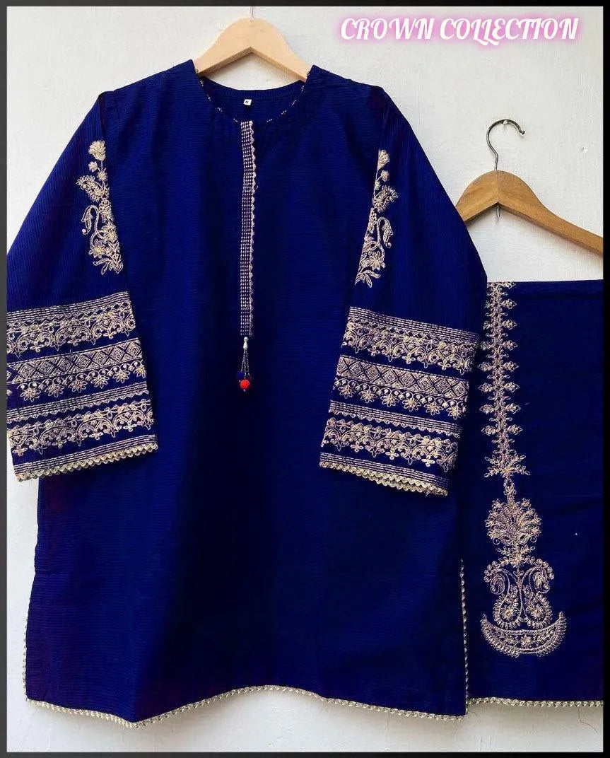 2 Pcs Women's Stitched Silk Embroidered Shirt and Trouser